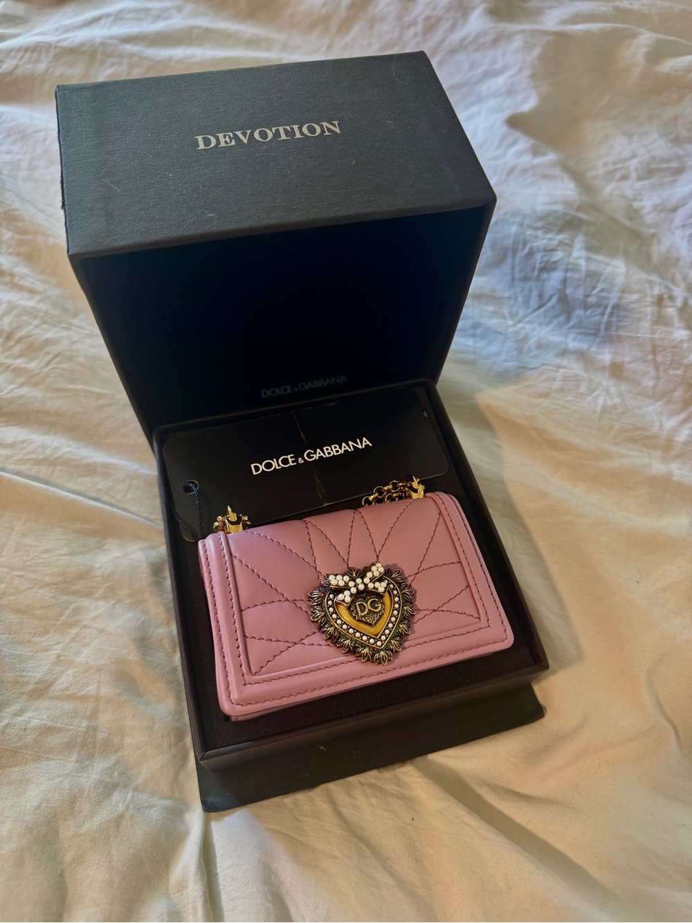 Dolce & Gabbana Pink Quilted Devotion Micro Bag with Gold Heart Emblem